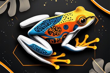 Poster - Simple line art of a tropical frog, with bold colors representing the vibrant patterns on its body, framed by clean, geometric shapes.