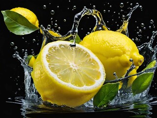 fresh lemon falling in water with splash on isolated background, closeup