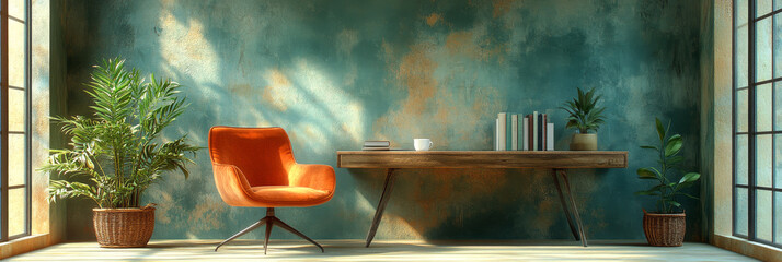 Poster - Orange chair in a modern office space with a teal wall