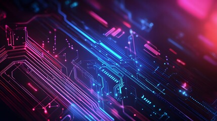 Poster - Abstract Circuit Board with Glowing Pink and Blue Lines