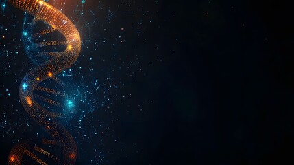 Poster - Abstract Representation of a DNA Double Helix with Binary Code and Glowing Particles