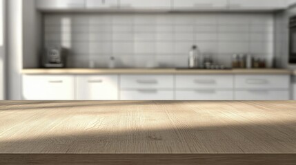 Wooden light empty table top in modern white kitchen, kitchen panel in interior