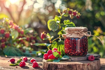 A jar of raspberry jam on a wooden table in the garden, 