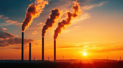 Poster - Power plant smokestacks releasing emissions at sunset, vibrant colors in the sky.