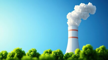 Poster - Power plant emitting smoke against a clear blue sky and green trees.