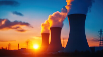 Poster - Nuclear power plants at sunset with smoke billowing against a colorful sky.