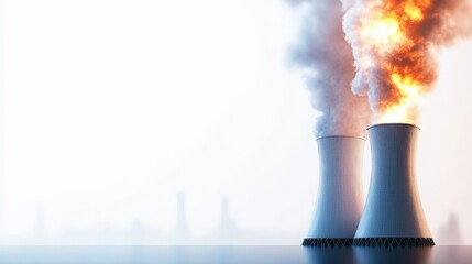 Canvas Print - Nuclear power plant cooling towers emitting smoke against white background.