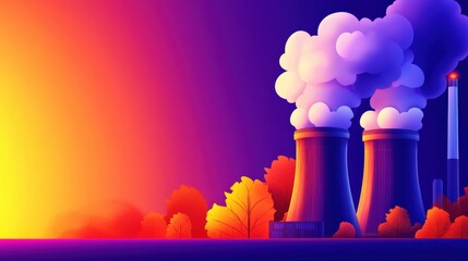 Sticker - Industrial landscape with smokestacks at sunset, vibrant colors and serene atmosphere.