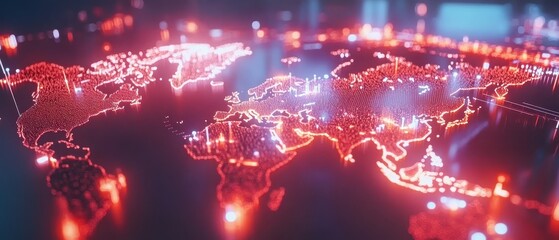 Canvas Print - A glowing, digital map of the world, highlighting continents and connections with bright red lights against a dark background.