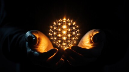 Poster - Illuminated sphere held between hands, glowing softly against a dark background.