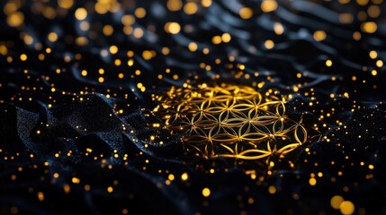 Poster - Golden geometric pattern with shimmering lights on a dark background.