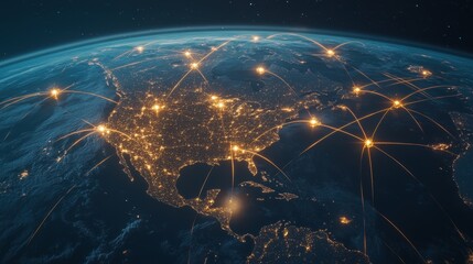 Canvas Print - A satellite view of Earth highlights illuminated cities and networks of connections, showcasing global communication and connectivity at night.