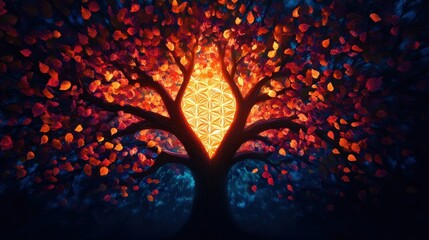 Canvas Print - Colorful tree with vibrant leaves against a radiant backdrop.