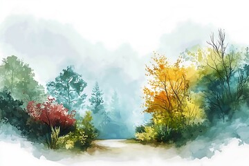 Poster - Watercolor Painting of Forest Path with Fog and Colorful Trees