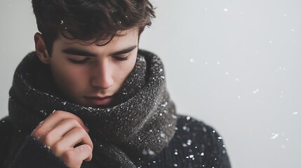 Generative AI Image of Adult Male Wearing Warm Coat and Knitted Scarf at Winter Snowfall Season