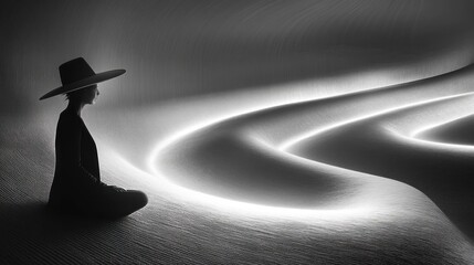 Wall Mural - A serene silhouette in a minimalist landscape with glowing curves.