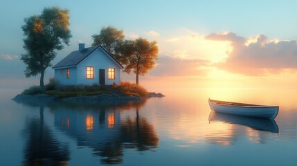 Poster - Serene house on an island at sunset with a small boat nearby.