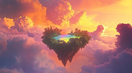 Poster - A Floating Island with Trees and a Lake in a Pink and Orange Sunset Sky