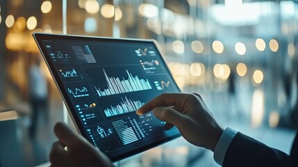 A person's hand analyzing data on a digital tablet screen.