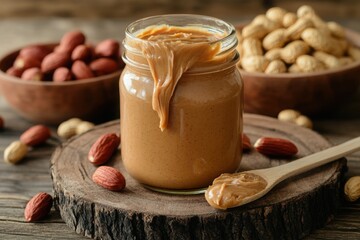 Jar of creamy peanut butter with peanuts