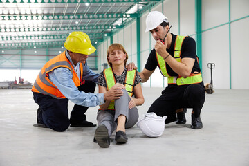 senior worker fall down on the floor with hurting knee and coworker helping her in the factory