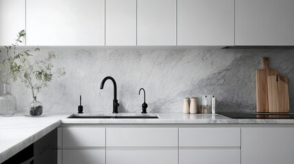 Poster - Minimalist kitchen with white cabinets and marble countertops