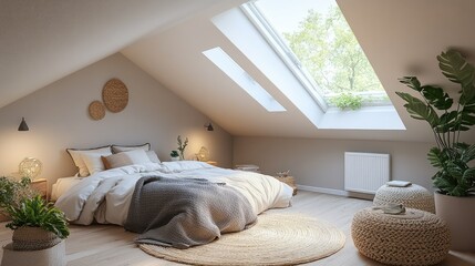 Aufkleber - Minimalist attic bedroom with sloped ceilings and skylights