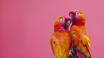 two orange parrots on a pink background