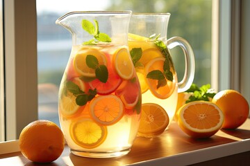 Two Glass Pitchers of Citrus Infused Water with Fresh Oranges