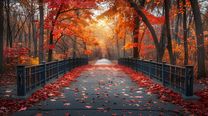 A serene autumn scene in a park, capturing a wide pathway adorned with vibrant red and orange leaves under a canopy of glowing fall trees at sunset