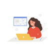 © KeronnArt - Lsi keyword generation. Latent Semantic Indexing. Key phrases generator. Vector illustration in cartoon style. Female character with laptop is engaged in Web analysis and word search optimization.