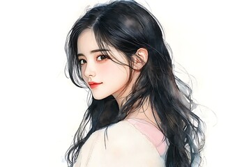 Poster - Beautiful Woman with Long Black Hair and Big Eyes