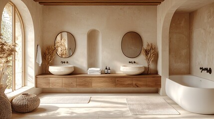 Minimalist bathroom design with wooden cabinets, two sinks, and arched mirrors, set against a neutral, light background