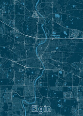 Wall Mural - Map of Elgin, a city in Illinois, USA. The map is rendered in a minimalist style with a dark blue background and white lines representing roads and waterways.