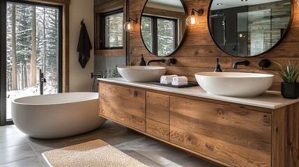 Wooden cabinets and dual sinks with curved mirrors reflecting soft light, in a serene, contemporary bathroom setting