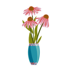 Wall Mural - pink echinacea, bouquet of coneflowers, vector drawing wild plants in vase at white background, floral elements, hand drawn botanical illustration