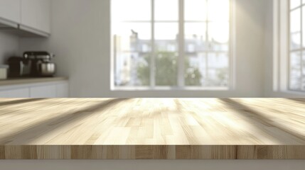 Wooden light empty table top in modern white kitchen, kitchen panel in interior