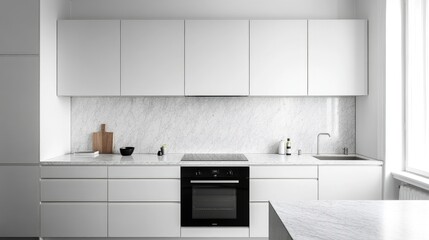 Minimalist kitchen with white cabinets and marble countertops