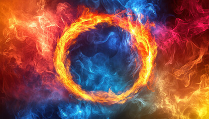 Vibrant fiery ring with swirling red, blue, and orange smoke creates a dynamic, mystical atmosphere.