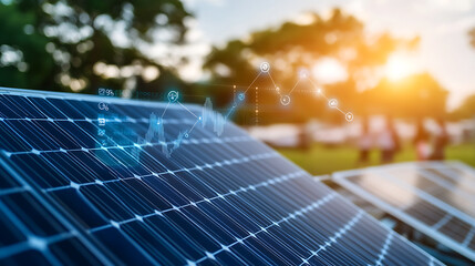 A solar panel texture with financial graphs showing renewable energy market trends