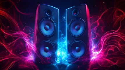 Two black speakers with glowing light and smoke effects.