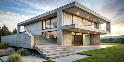 Wall Mural - Modern concrete house with large windows and stone stairs, modern, concrete, house, windows, stone stairs, architecture