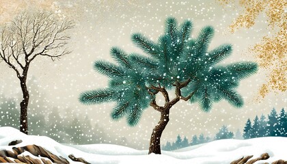 Wall Mural - Frozen glass illustration featuring a vibrant last leaf on a tree, a drifting leaf in the background, complemented by gentle snowfall in a serene winter landscape.