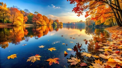 Poster - Tranquil autumn scene with fallen leaves and still water , tranquility, fall, nature, calm, peaceful, serene, reflection