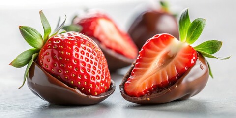 Wall Mural - Halved chocolate-covered strawberry close-up, strawberry, chocolate, dessert, sweet, close-up, fresh, delicious, gourmet, treat