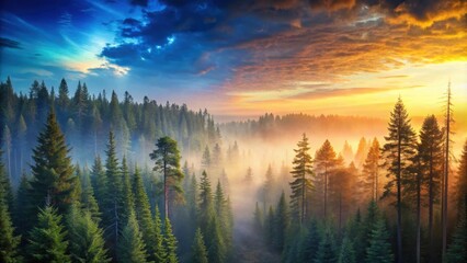 Canvas Print - Gradients of dusk and dawn merging in forest canvas of silence and serenity, forest, dusk, dawn, merging, gradients