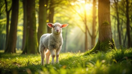 Poster - Curious lamb in serene forest glade surrounded by lush greenery and dappled sunlight, lamb, curious, forest, glade, greenery