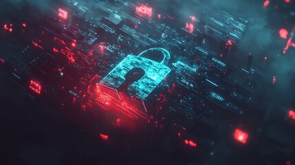 Poster - A glowing blue padlock symbol sits on a circuit board with red glowing lights, suggesting data security and protection.