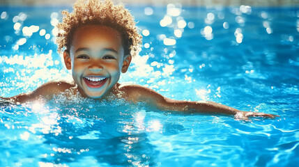 young child with joyful smile is splashing in bright blue pool, surrounded by sparkling water. scene captures essence of happiness and carefree summer fun