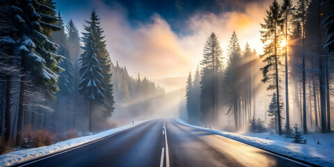 Sticker - Winter Road to Sunrise: Magical winter landscape photography showcasing a scenic road winding through a snow-covered forest, bathed in the golden light of a sunrise.